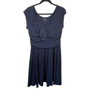 Garnet Hill Small Piazza Black Jersey‎ Knit Dress Front Ruffle Ruched Side